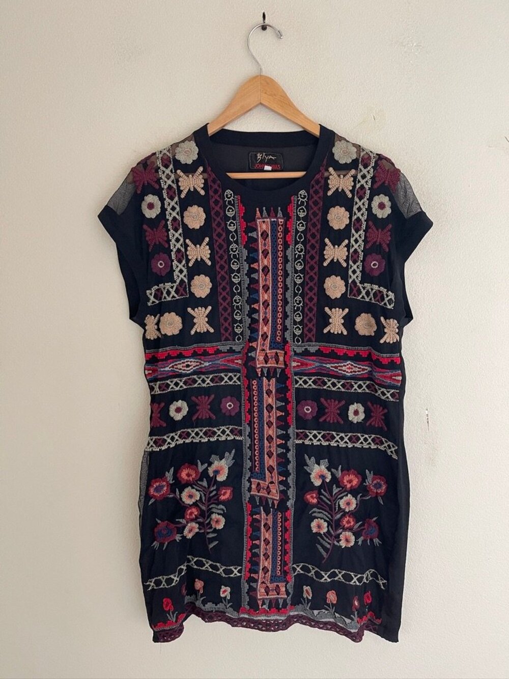 JOHNNY WAS Biya Mesh Embroidered Black Dress with Black Slip: Medium; NWOT!